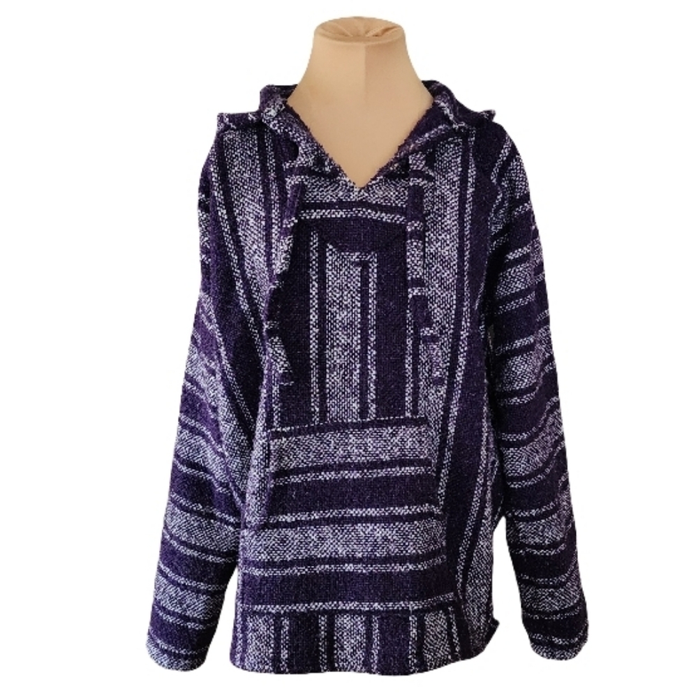Vintage Artesanias F.R. Inc. Mexican Baja Hoodie Purple Striped Drug Rug‎ Large